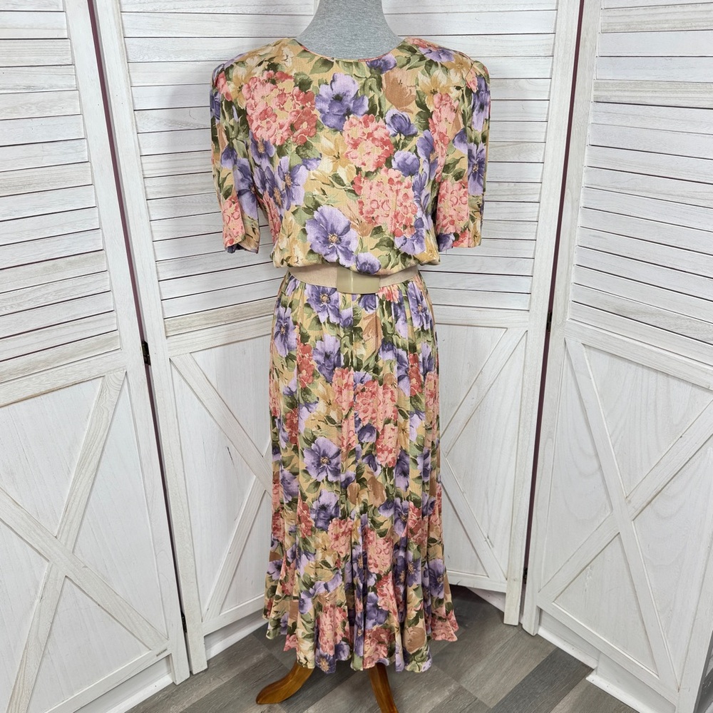 Vintage 90s Cottagecore Casual Corner Flounce Hem Maxi Dress Tan Lavender Pink 6